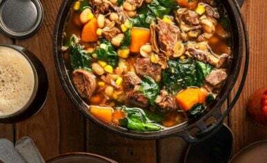 A pot of bison stew done three sisters style, with corn, beans and squash.