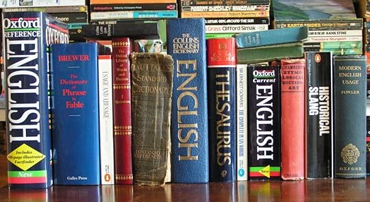 English reference books on a shelf