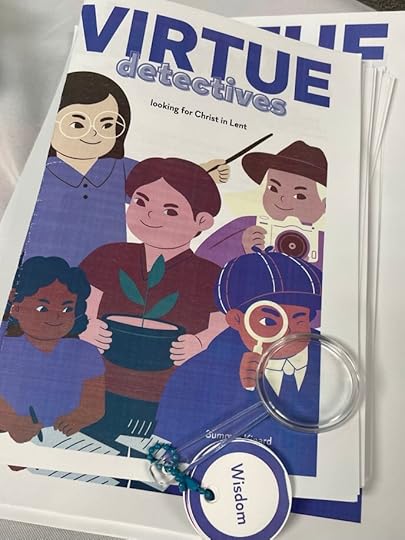 Virtue detectives booklet with children searching, magnifying glass with keychain of virtues