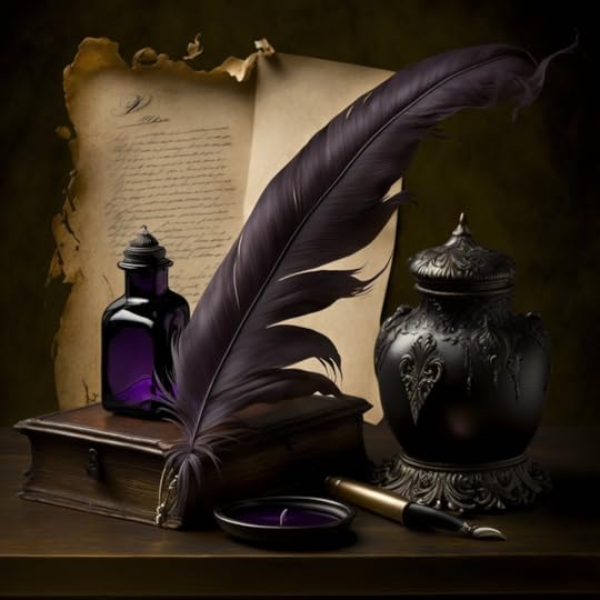 A leather bound book, a quill with a purple feather, a parchment with beautiful writing on it, and purple glass inkwell.