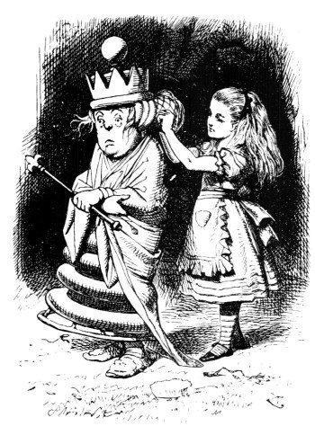 Tenniel drawing of Alice pinning up the hair of the White Queen