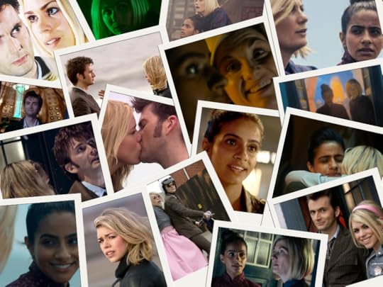 Slide of Polaroid style photos of Jodie Whittaker as the 13th Doctor Mandip Gill as Yasmin Khan David Tennant as the 10th Doctor and Billie Piper as Rose Tyler