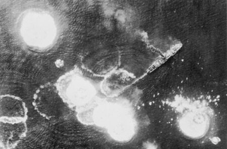 Japanese transport under aerial attack during the Battle of the Bismarck Sea, 3 March 1943 (Australian War Memorial: 128159)