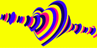The Eurovision 2023 logo. It's a yellow background. The outline of a heart shape is made up of yellow, blue, and pink stripy lines. The heart is in the centre of the picture, slightly side on. To the front of it and to the back of it, the stripy heart outlines get smaller and smaller; making it seem as if there's a uniting thread that reaches from one small heart to the other small heart, with a big heart in the middle.