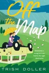 Illustrated cartoon type cover of a couple in a field sittind on a rolled-over pale yellow Land Rover under a yellow parasol.