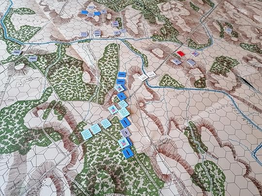 Zoomed in photo of the physical game map showing off the starting positions for both sides
