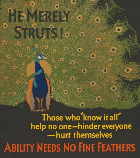A dark blue peacock, with green plume of tail spread out, dominates this poster.