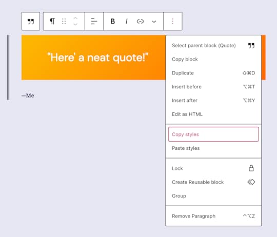 Screenshot of the Copy Styles button on a Quote Block.