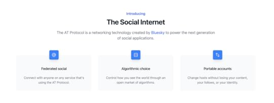 Screen show of the bluesky.xyz website and its three column feature list: Federated social, Algorithmic choice, Portable accounts