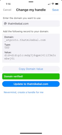 A screen shot of the Bluesky app showing that the domain was verified.
