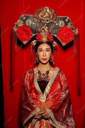 Premium Photo | Asian woman wear china royal empress traditional costume with golden line design dress and headwear dramatic series female stand half body with fabric fluttering in the air tone red