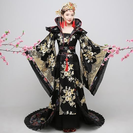 Chinese Folk Dance Dress Ancient Costume Black luxury tailed Empress Wu Zetian imperial court dress Princess cross show Costume