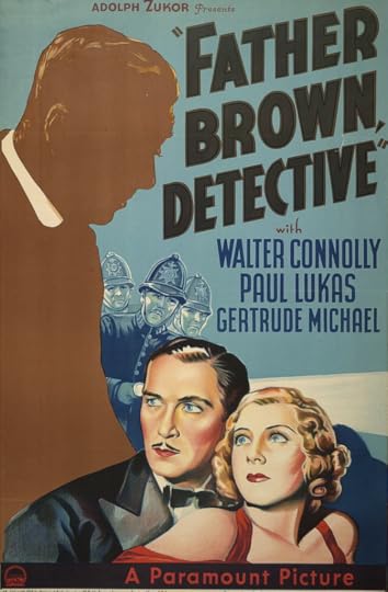 Movie poster with the large image of a shadowy priest looking down over a wet-dressed couple, who look alarmed