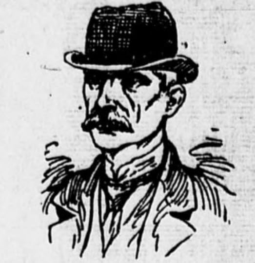 Crudely drawn black and white sketch of a man wearing bowler, heavy mustache and severe expression.