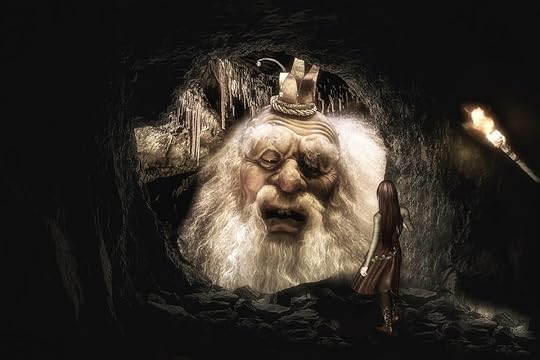 Ancient white bearded character peering from a cave