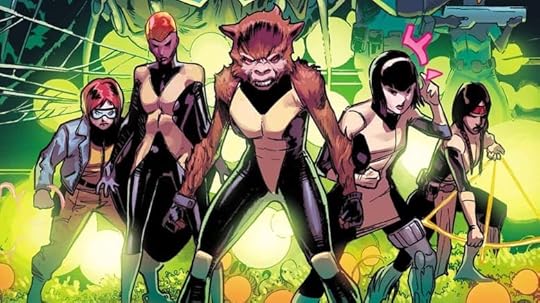 A detail from the cover of New Mutants: Lethal Legion, showing Escapade, Cerebella, Wolfsbane, Karma and Dani Moonstar, art by Javi Fernandez