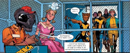 An image from New Mutants: Lethal Legion #1. Two mutants (a bug-headed fast food worker and a girl with a geyser head) are rescued by Wolfsbane and the New Mutants.