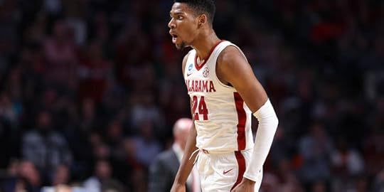 Brandon Miller #24 of the Alabama Crimson Tide reacts during the first half against the Maryland Terrapins in the second round of the NCAA Men's Basketball Tournament at Legacy Arena at BJCC on March 18, 2023 in Birmingham, Alabama.