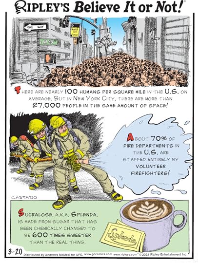 1. There are nearly 100 humans per square mile in the U.S. on average. But in New York City, there are more than 27,000 people in the same amount of space! 2. About 70% of fire departments in the U.S. are staffed entirely by volunteer firefighters! 3. Sucralose, a.k.a. Splenda, is made from sugar that has been chemically changed to be 600 times sweeter than the real thing.
