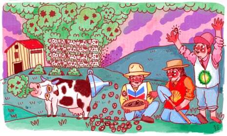 Illustration of a cow burping toxic gas and people wearing energy company logos picking up its manure