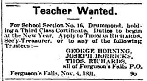 Ferguson Falls ad for teacher Nov 6 1891 p 5