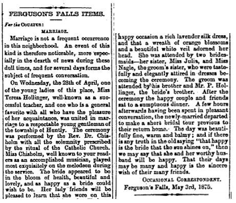 Ferguson Falls wedding Teresa Hollinger May 7 1875 p 4