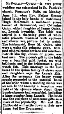 Ferguson Falls Quinn McDonald wedding June 18 1909