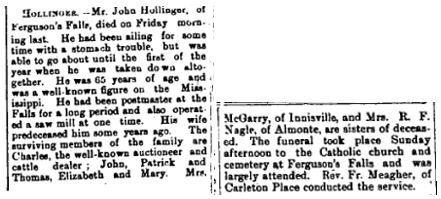 Ferguson Falls Hollinger obit Feb 2 1906 p 8