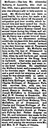 Ferguson Falls McGarry obit Feb 9 1912 p 1