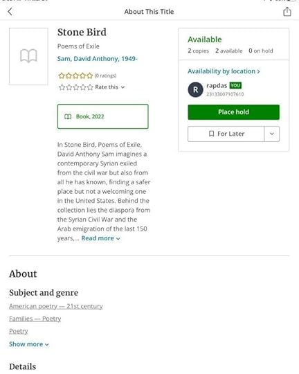 My thanks to the Central Rappahannock Regional Library for placing my latest poetry collection into circulation