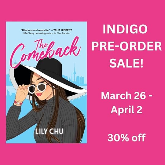 Instagram image with cover of rom-com book The Comeback by Lily Chu. Text reads Indigo pre-order sale. March 26 to April 2. 30 percent off.