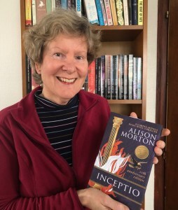 Photo of Alison Morton with new hardback edition of Inceptio