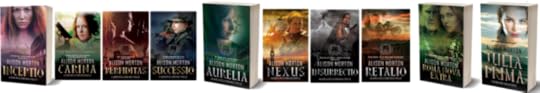 array of ten books by Alison Morton
