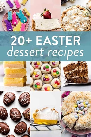collage of Easter desserts including coconut cream pie, Easter cookies, no bake cheesecake, lemon bars, carrot cake, jellybean topped cookies, and coconut cake.