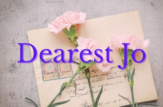 An old letter with faded cursive script and two pink and blue stamps in the corner sits on a marbled counter. Three pale pink carnations lay on top of the letter. In a dark purple, classic font, the words