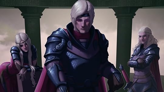 Aegon Targaryen stands over his Painted Table map of Westeros and points as his siters look on