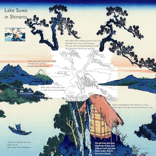 A visual and verbal remix of Hokusai's picture of a hut on a cliff overlooking Lake Suwa, in Shinano, Japan.