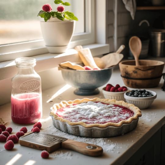 Photo of a raspberry pie sitting on a kitchen counter in the spring with fresh berries next to it.