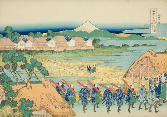 Soldiers marching past the pleasure quarters in Senju in Musashi Province, according to Hokusai.