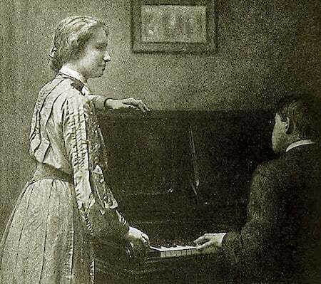 Helen Keller by the piano, early 1900s