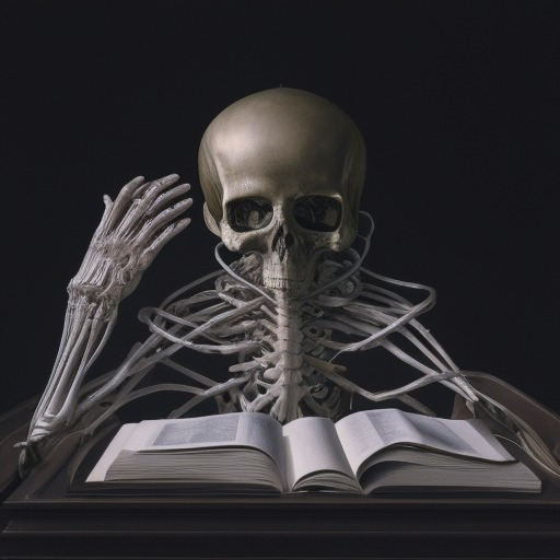 A skeleton sitting at a desk. One arm is raised; it's elbow on the desk and fingers pointing towards its head. On the desk in front of the skeleton is an open book.