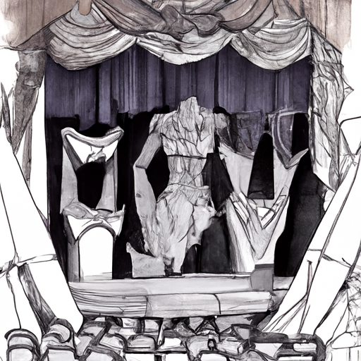 a detailed pen and ink drawing of an old dusty theater stage covered in mannequin and mannequin parts