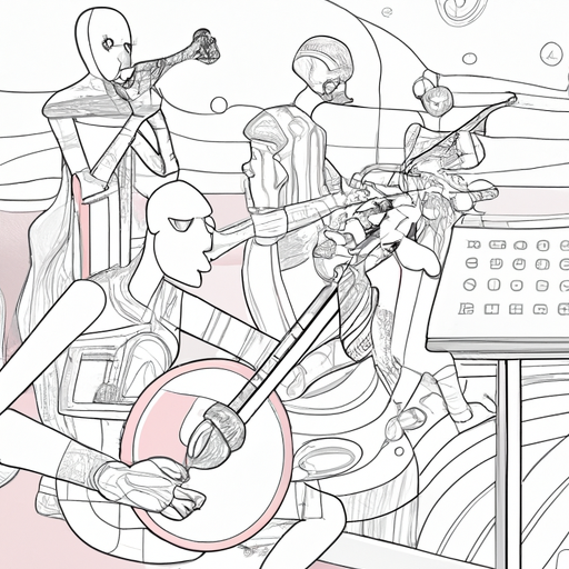 a coloring book version of Dune musicians and improvisors playing sci-fi instruments faintly colored in