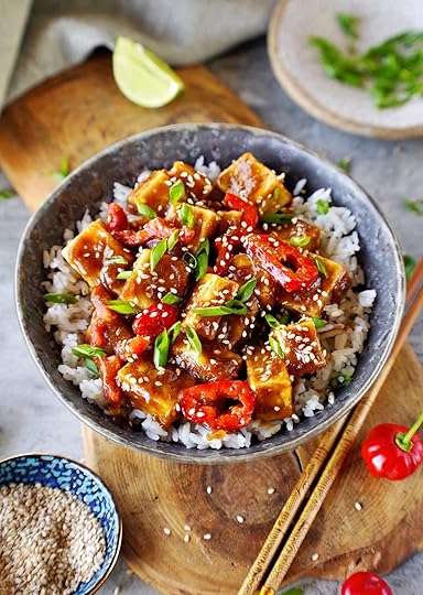 teriyaki tofu in bowl with rice and red pepper