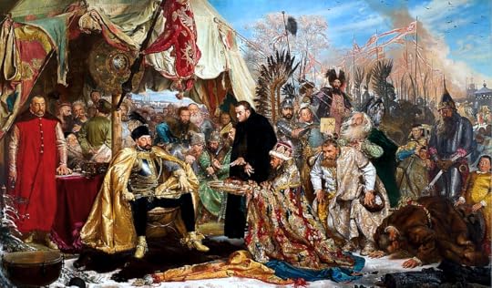 Stephen Báthory at Pskov, painted by Jan Matejko. The truce was called the Treaty of Yam-Zapolsky. Mediated by the papal legate Antonio Possevino (black-robed Jesuit at the centre), Both Bathory and Ivan IV conceded territories to achieve the ten-year truce. This truce also dashed Ivan’s hope of acquiring the Baltic ports and the Northern trade routes.