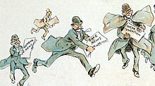 Three running men carrying papers with the labels 