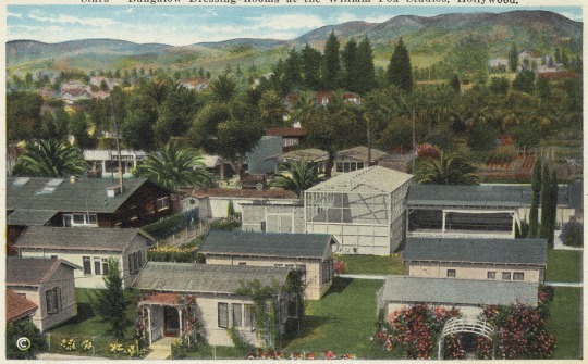 Postcard featuring small, picturesque houses with grass, flowers and trees around them. Text reads "'Stars' bungalow dressing-rooms at the William Fox Studios, Hollywood"