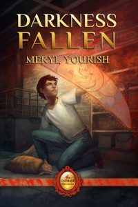Cover of Darkness Fallen, with Andy casting a magic shield to protect himself and a badly wounded Catmage on the ground in front of him