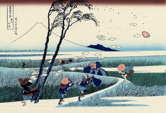 Hokusai's picture of people being blasted with wind at Ejiri in Suruga, Japan.