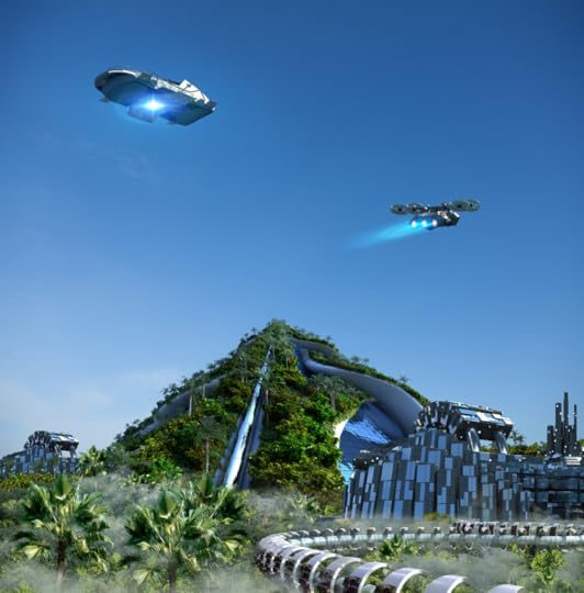 A pyramid with flying space ships covered with greenery